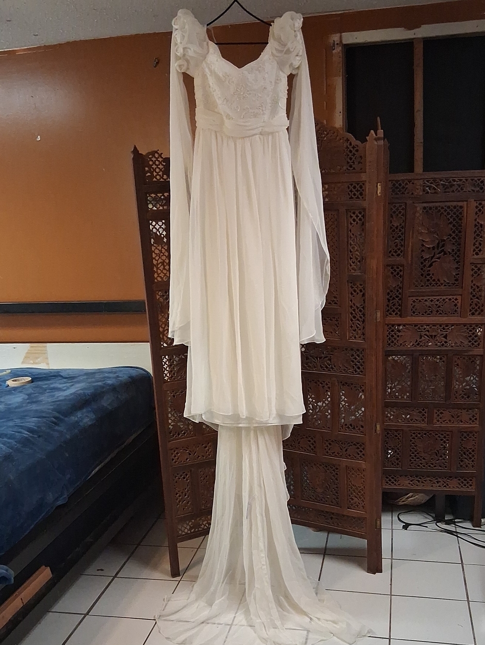 Mary's Bridal Ivory Chiffon Lace Gown with Long Draped Sleeves-28